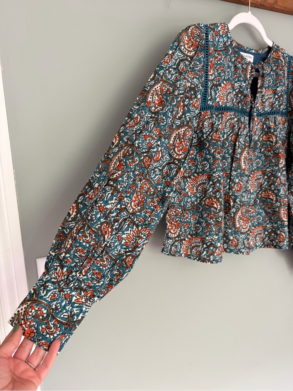 Emerson Fry India Collection "Isla" 100% Silk Teal Rust Paisley Peasant Top - Picture 4 of 15